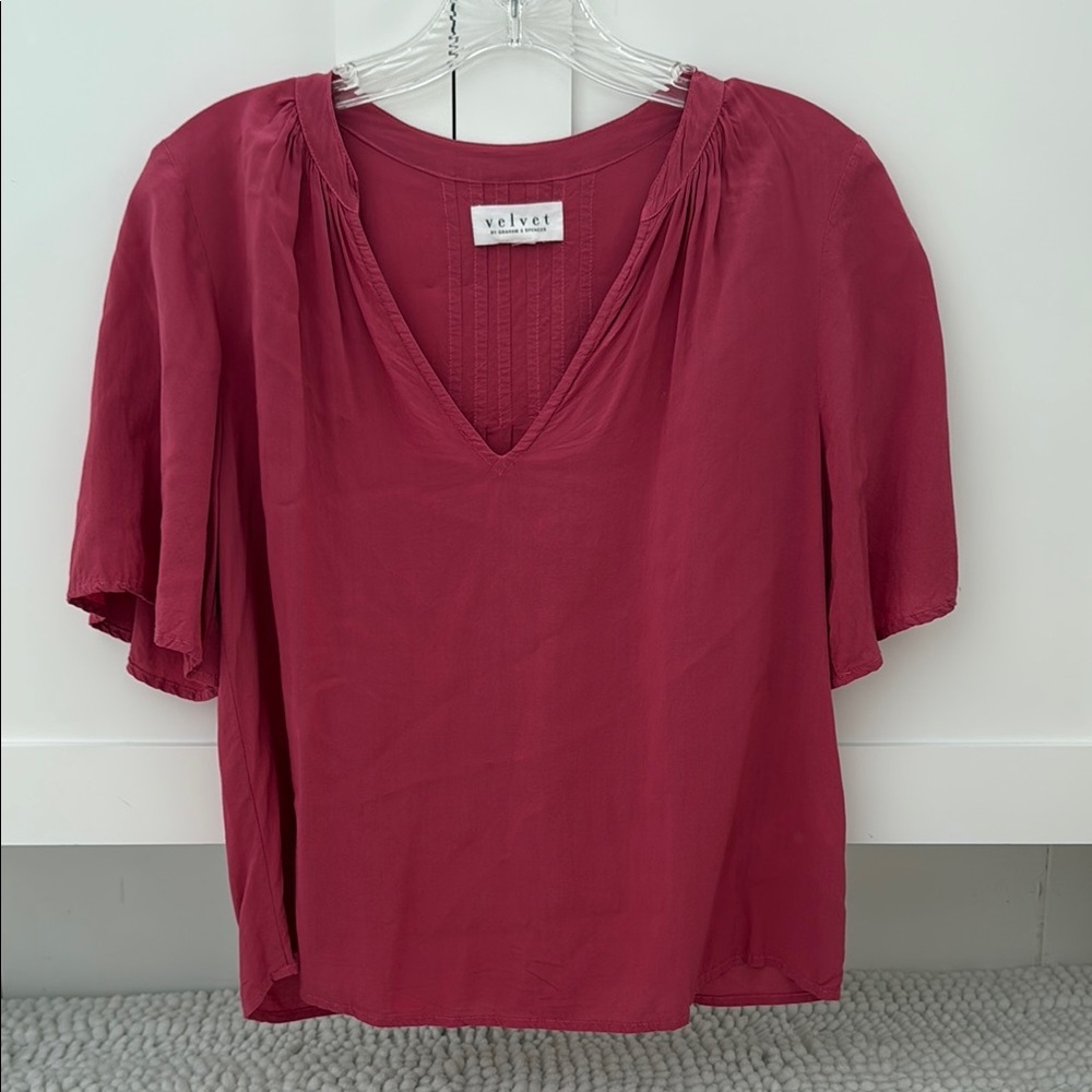 Velvet Red Flutter Sleeve Blouse Relaxed Style